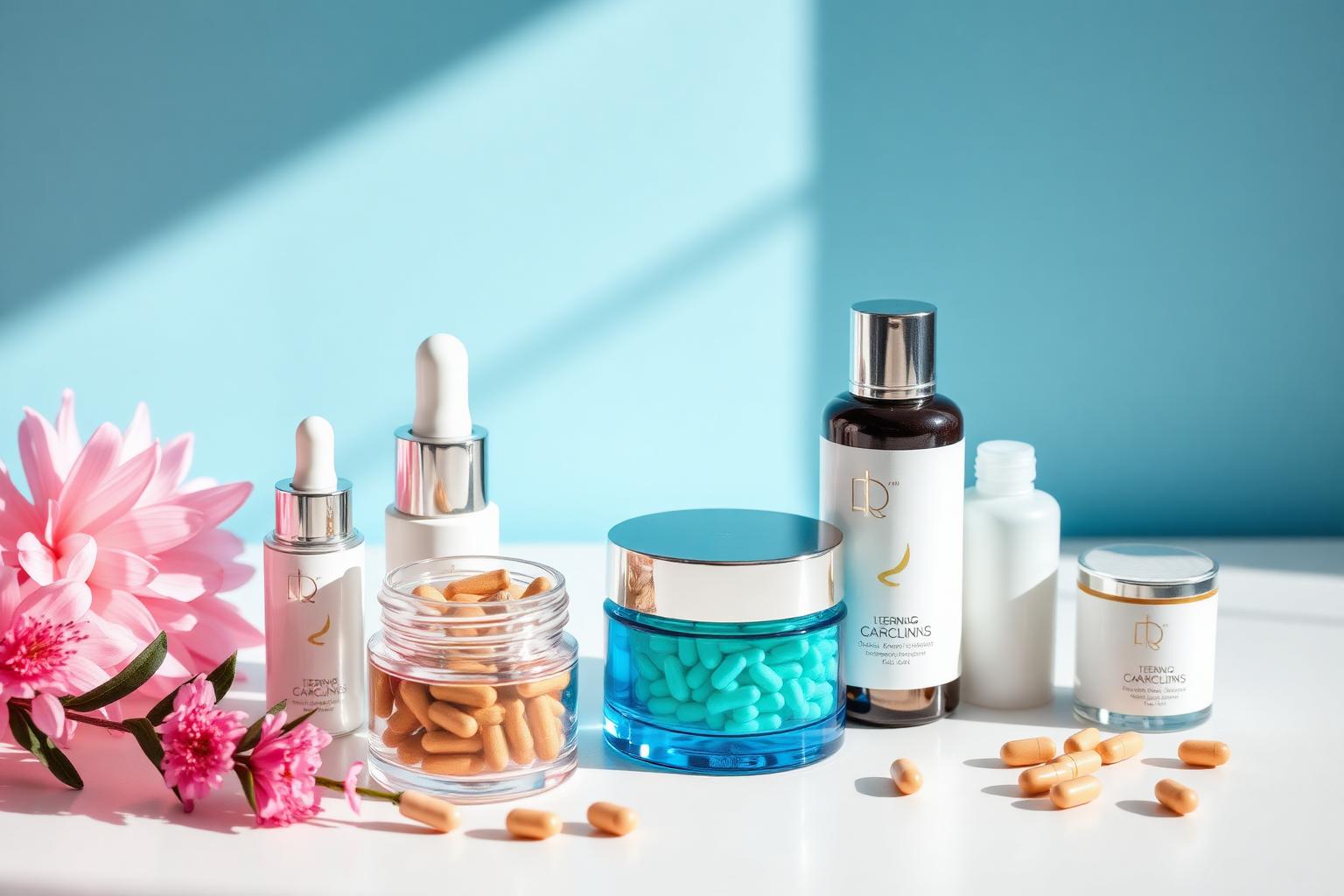 Premium cosmetics and food supplement products arranged on a clean surface
